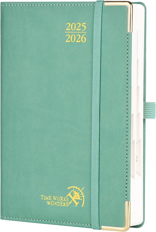 POPRUN Daily Planner 2025-2026 One Page per Day, (A5 Size 5.75" x 8.5") Academic Calendar (July25- June26) Hourly Appointment Book with Vegan Leather Hardcover, Monthly Tabs & Pocket - Midnight Green