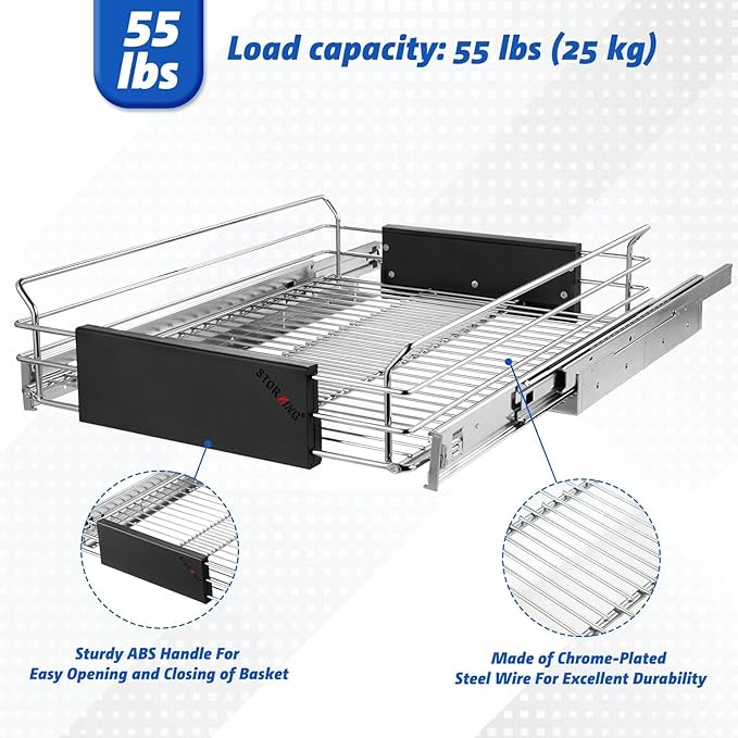 Expandable Pull Out Cabinet Organizer, Slide Out Drawers for Kitchen Cabinets, Heavy Duty Storage Drawers, Chrome Plated Cabinet Wire Shelf, Adjustable Width 12.5~20.2" W x 17.3" D