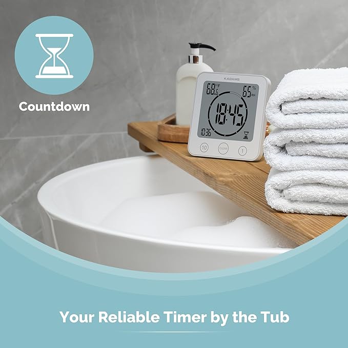 KADAMS Shower Clock Waterproof Bathroom Timer – Digital Wall Clock with Countdown, Magnetic Kitchen Clock with Temperature & Humidity, Suction Cup for Kids Shower Spa Sauna Cook Bath, White