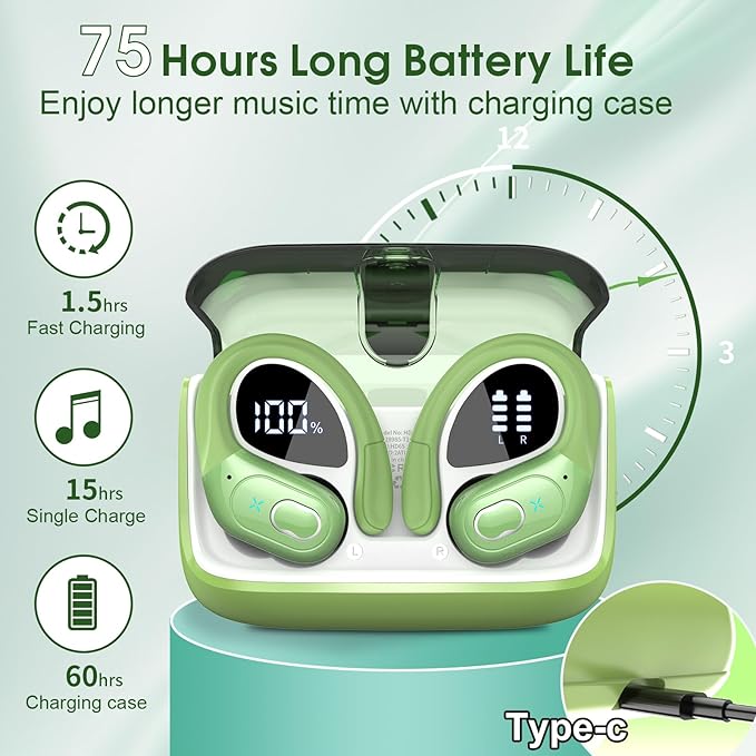 Wireless Earbuds 75hrs Bluetooth 5.4 Headphone Sport, 2025 Bluetooth Earbuds Stereo Deep Bass Over Ear Bud with Earhooks, ENC Noise Cancelling Mic, IPX7 Waterproof Earphone, Green