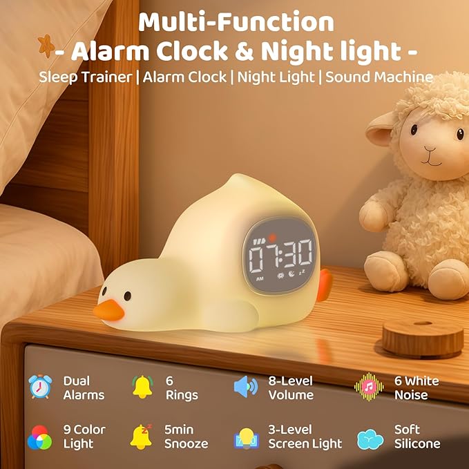 Laying Duck Alarm Clock with Night Light for Kids with Sleep Training and Sound Machine, Rechargeable Silicone Lamp OK to Wake Clock，Cute Animal Tabletop Lamp, Perfect Sleep Companion for Boys Girls