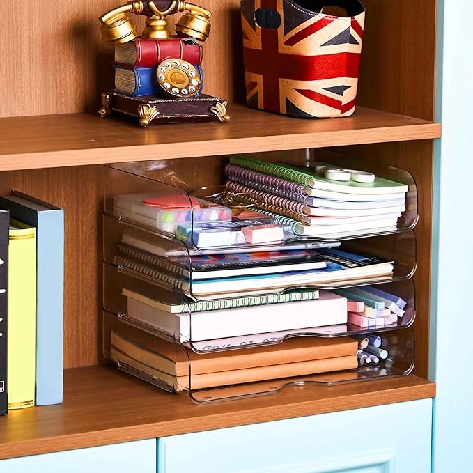 Juexica 4 Pcs Stackable Clear Letter Trays Organizer for Desk A4 Size File Paper Organizer Acrylic Desk Organizer Trays with Anti Skid Bottom for Home Office School (Horizontal Opening Style)