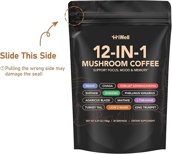 Mushroom Coffee 12-in-1 – Organic Lion's Mane, Reishi, Ginseng, KSM-66® Ashwagandha–Focus, Calm Energy & Daily Balance–100% Fruiting Body Extracts–Vegan, Nootropic, Low Caffeine–30 Servings