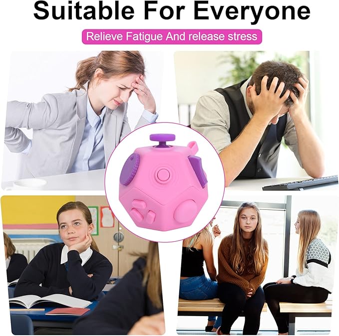 Fidget Toys Cube,Finger Cube,12 Sided Fidget Toys Relief Stress and Anxiety Depression Autism for Girls Kids Adults (Pink)