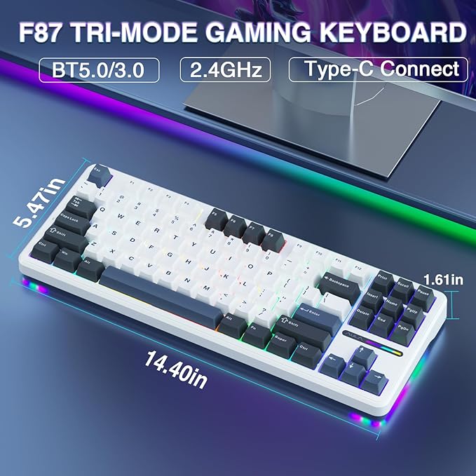 AULA F87 Wireless Mechanical Keyboard, 75% TKL Custom Hot Swappable Gaming Keyboards with PBT Keycaps, Pre-lubed Greywood Switches, RGB Backlit Creamy Keyboard, 2.4GHz/USB-C/BT5.0