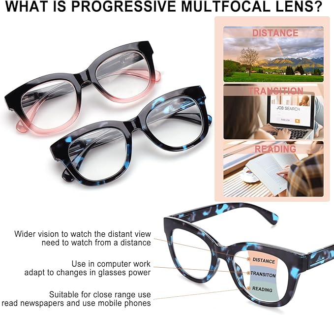 Progressive Multifocus Reading Glasses for Women Men Blue Light Blocking Computer No Line Multifocal Readers