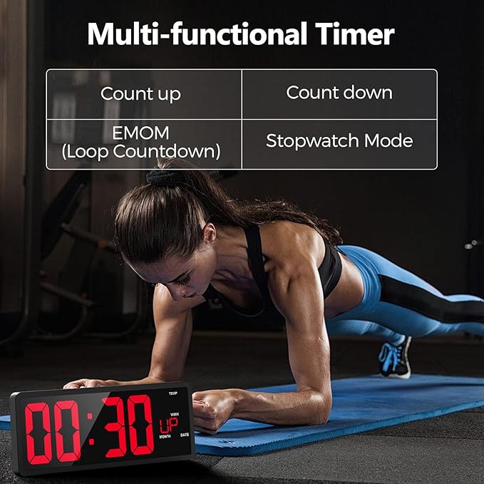 YORTOT 16" Digital Wall Clock Gym Timer with 7 Colors Light & Remote Control - Larger LED Display with Indoor Temperature | Date, Workout Timer with Count Down & Up | Stopwatch for Home Gym Garage