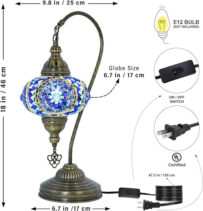 mozaist Turkish Mosaic Swan Neck Table Lamp, Moroccan Boho Style Sea Blue Gooseneck Rustic Home Décor, Tiffany Bohemian Bedside Farmhouse Desk Light with E12 Socket & US Plug (Evil Eye Blue)