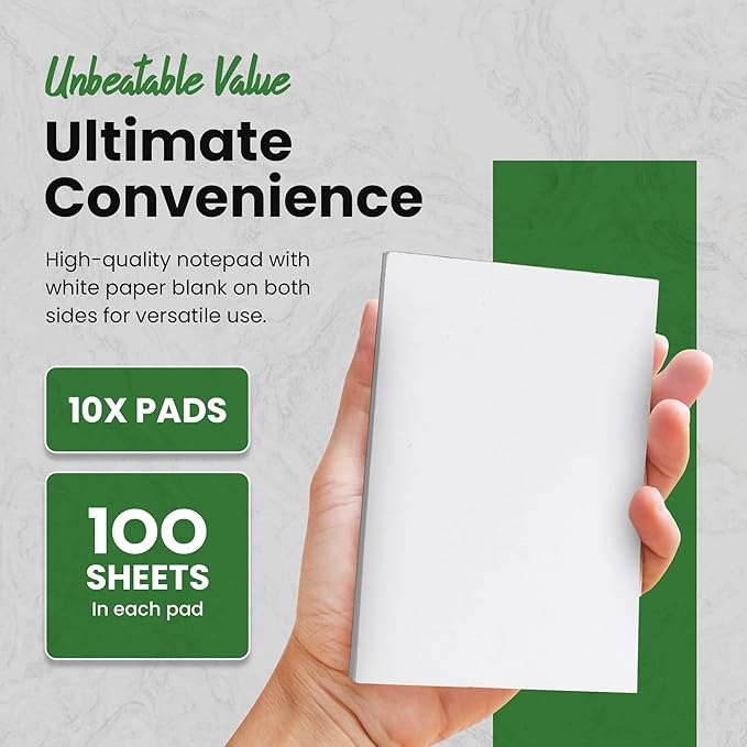 10 Pack Note Pads 4x6 | 100 Sheets Per Memo Pad | Server Note Pads | Scratch Pads for Writing | White Blank Notepads in Bulk | Small Notepad | Paper Pads for To Do Grocery List
