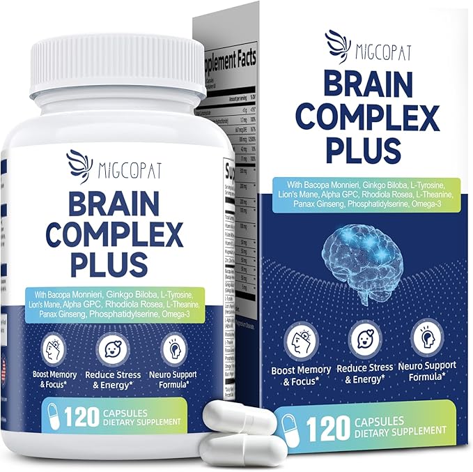 Brain Supplements for Memory & Focus - Nootropic with Bacopa Monnieri, Lion's Mane, Alpha GPC, Phosphatidylserine | Supports Mental Clarity & Cognitive Function | Vitamin B6 & B12-120 Capsules