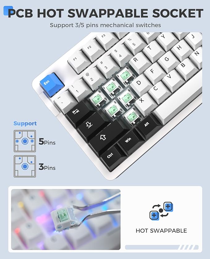 DAREU EK87PRO 80% Wireless Mechanical Keyboard,TKL Tri-Mode RGB Gaming Keyboard with Hot-Swappable South-Facing LEDs Socket,PBT Keycaps,Gasket Mount,6-Layer Padding,Custom Linear Switch for Win/Mac