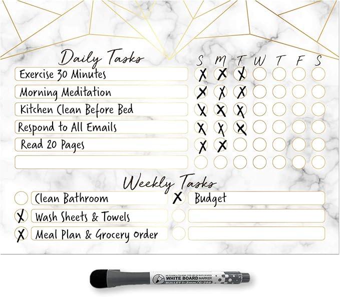 Dry Erase Whiteboard Task Planner | Removable and Restickable Adhesive Decal | Fine-Tip Magnetic Marker Included (9 x 12 inches, Marble)