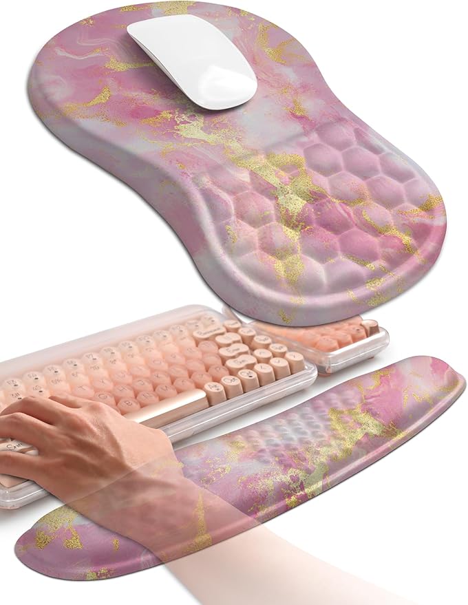 Hokafenle 2in1 Combination, Wave Keyboard Wrist Rest and Ergonomic Curvature Mouse Pad Wrist Support for Relieve Wrist Pain, Filled with Soft Cushion Memory Foam, Golden Pink Marble