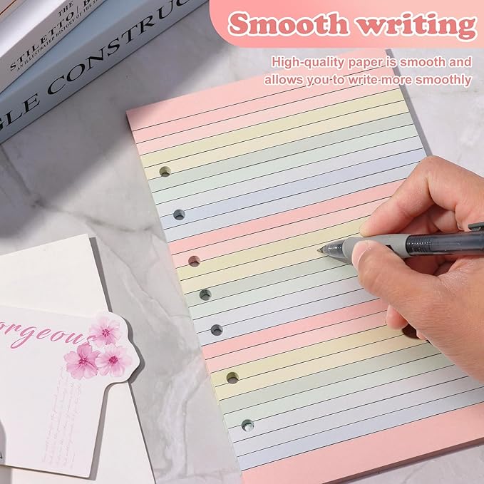 Colored Loose Leaf Paper 5.5" x 8.5" 7-Hole Lined Filler Paper College Ruled Notebook Refill Pad Pastel Colored Lined Refills Hole Punched Notebook Refills for 3 or 7 Ring Binders (100)