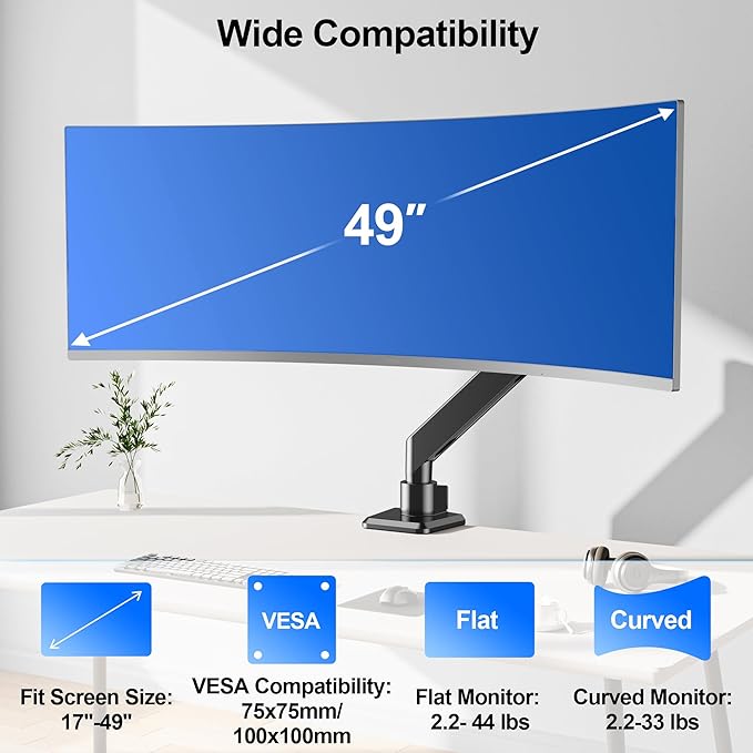 Heavy Duty Monitor Mount for Max 49 inch Ultrawide Screens, Hold 2.2 to 44 lbs, Premium Single Monitor Arm for Samsung Odyssey G9 and More, Adjustable Gas Spring Desk Stand, VESA Mount