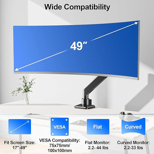 Heavy Duty Monitor Mount for Max 49 inch Ultrawide Screens, Hold 2.2 to 44 lbs, Premium Single Monitor Arm for Samsung Odyssey G9 and More, Adjustable Gas Spring Desk Stand, VESA Mount