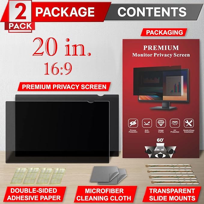 [2 Pack] 20 Inch Privacy Screen Filter for Widescreen 16:9 Monitor | Privacy Shield | Anti-Glare | Anti-Blue light Protector | Eye Protection | Computer Security Private Filter