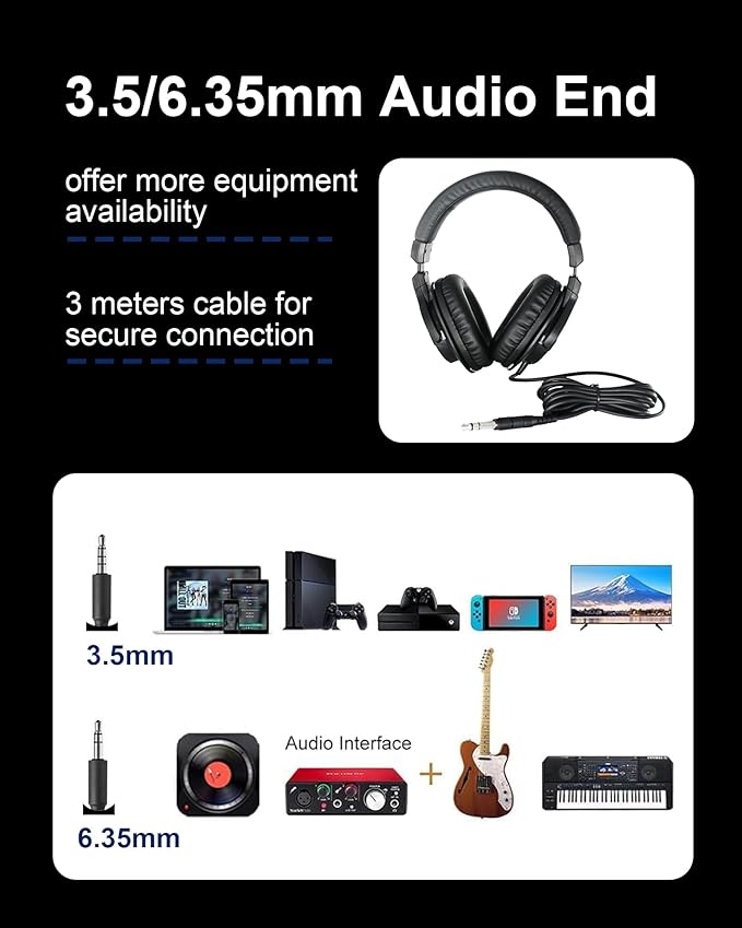 Over Ear Wired Headphones MR810, Studio Monitor Headset with Closed Back Design Flexibale Professional Stereo Headphone with 3m Cable for Studio Monitering, Recording, Podcasting (Black)