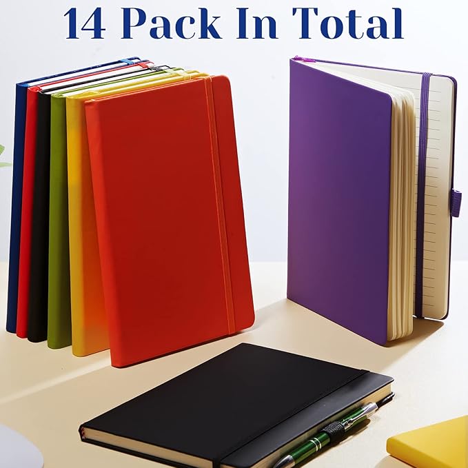 Laumoi 14 Pack Lined Journal Notebooks 5.5 x 8.2 Inch A5 Hardcover Notebook College Ruled Notepad with Pen Holder PU Leather Ruled Lined Journals for School Business Work Writing(Mixed Color)