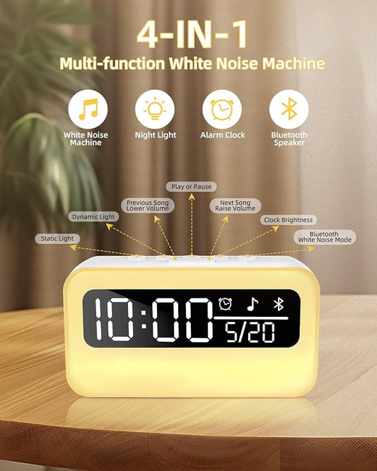 4-in-1 White Noise Sound Machine with 24 Soothing Sounds, Adjustable Night Light for Kids Aldult, 4000mAh Rechargeable Bluetooth Speaker with Time Display