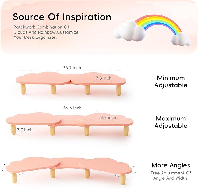 Dual Monitor Stand Riser,Rainbow Cloud Desktop Computer Stand for 2 Monitors,Adjustable Length and Angle Multifunctional Desktop Organizer Stand for Laptop, PC, Computer, Printer,Pink