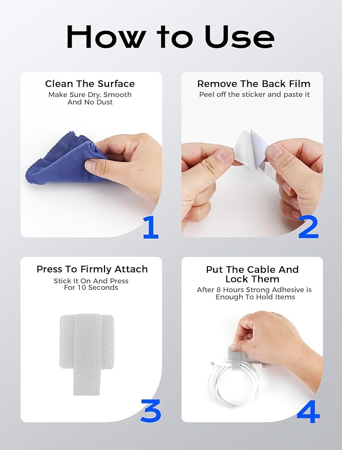 100pcs Hook and Loop Cable Ties, gliship Adhesive Wire Management, Adjustable Cable Straps Cord Wrappers Keeper Cord Holder, Sticky-Back Cord Organizer for Kitchen Appliances at Office, Home - White