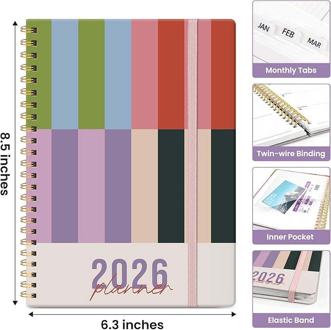 2026 Planner, Monthly and Weekly Calendar Planner for Women, January 2026 - December 2026, Hardcover Pretty 2026 Agenda Planner Book with Tabs, Spiral Bound, Perfect for School Office Home Supplies, 6.3" x 8.5" - Color Column
