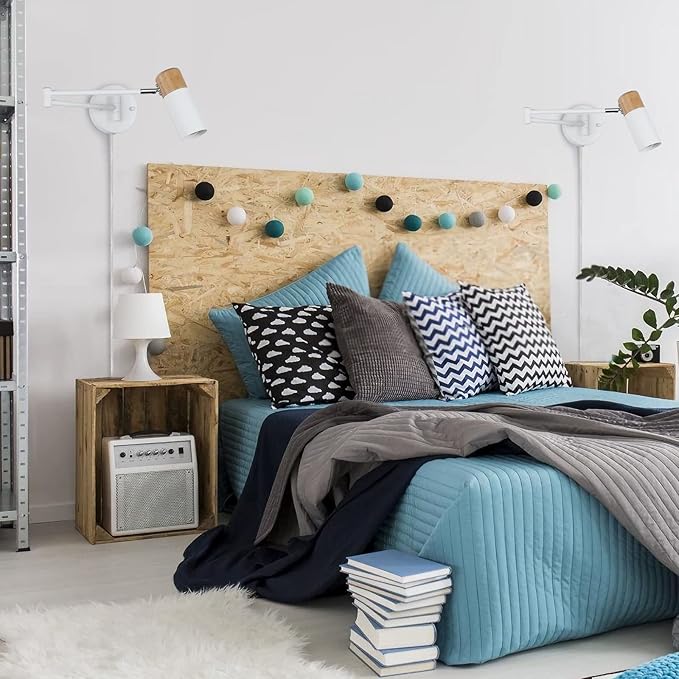 COSYLUX Modern Industrial Swing Arm Wall Lamp with Plug in Cord for Bedroom, Living Room, Office, Rotatable Lampshade Plug in Wall Sconces Light Fixture for Reading and Working, White (NO Bulb)