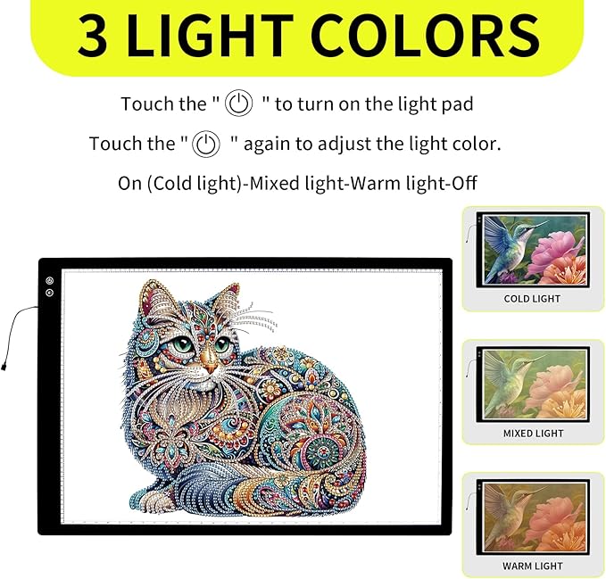 YINGWOND A1 Large Rechargeable Light Pad,Diamond Art Light Board with 3 Color Modes,6 Levels and Stepless Dimming,Battery Powered Light Box for Tracing,Diamond Painting,Drawing,Sketching