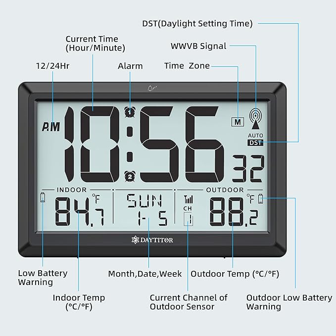 Atomic Clock with Indoor and Outdoor Temperature, Automatic Digital Clock Battery Operated, Large Display Wall Clocks or Desktop Clocks for Livingroom Office Bedroom Kitchen,Black