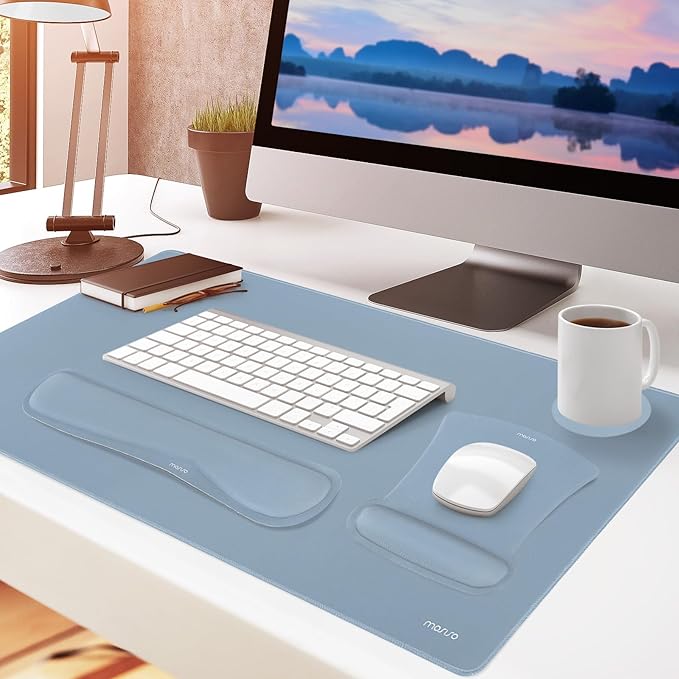 MOSISO Keyboard Mouse Pad Set, Large Gaming Mousepad&Keyboard Wrist Rest&Mouse Wrist Rest&Coaster, Ergonomic Non-Slip Mousepad&Easy Typing Cushion with Memory Foam for Home Office, Baby Blue