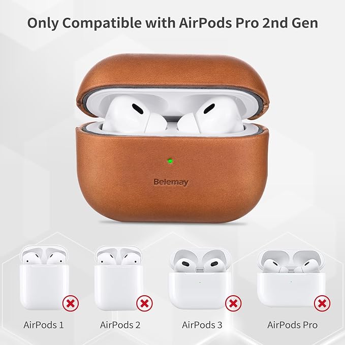 Belemay for AirPods Pro (2nd Generation) Case – Premium Crazy Horse Leather - Rich Patina- Secure Grip - Compatible with MagSafe and Wireless Charging - Compatible with Airpods Pro 2 Case - Tan