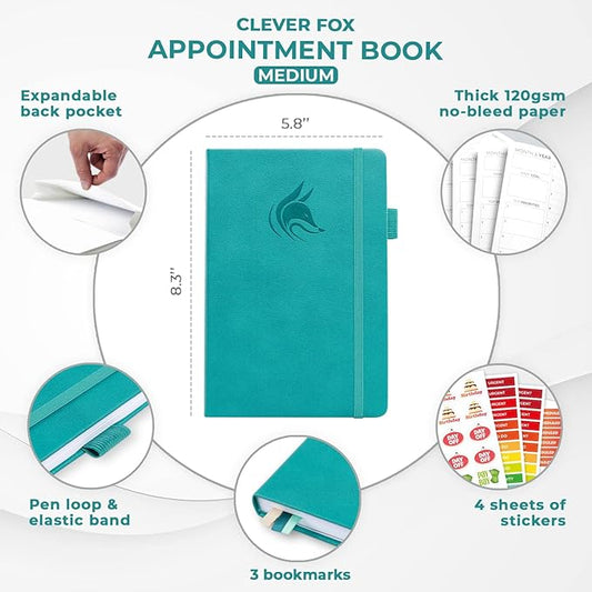 Clever Fox Appointment Book – Hourly Schedule Planner with Time Slots – Time Box Planner for Daily Work & To-Dos – Weekly & Monthly Spreads, Undated, Hardcover, A5 Size (Turquoise)