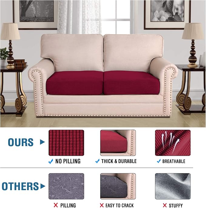 H.VERSAILTEX High Stretch Individual Seat Cushion Covers Sofa Slipcovers Couch Cushion Covers Sofa Covers Featuring Jacquard Textured Twill Fabric (2 Pack for 2 Cushion Loveseat, Burgundy Red, One)