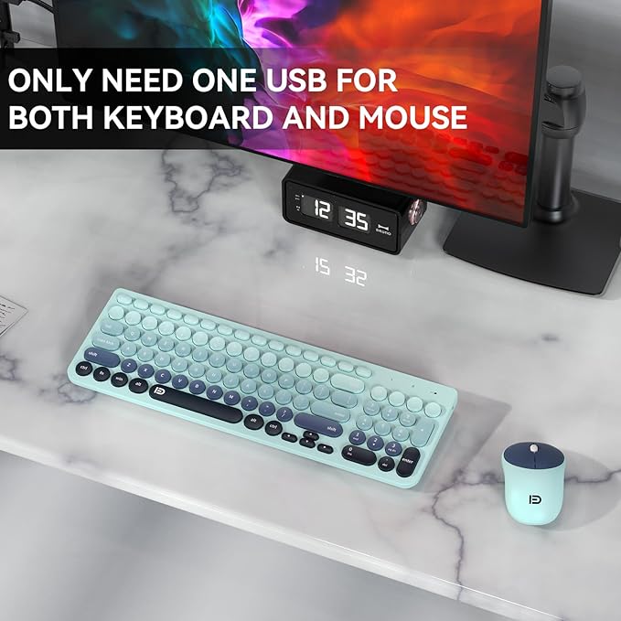 Wireless Keyboards Mouse Combos, Colorful Cute Typewriter Full-Size Retro Round Keycaps, 2.4GHz Cordless Connection Sleep Mode Office Wireless Keyboard and Mouse Set for Desktop Laptop PC Computer