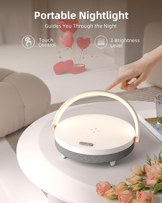 EZVALO Gift for Daughter, Music Table Lamp with Portable Bluetooth Speaker, 4 in 1 Touch Bedside Lamp with Wireless Charger, Phone Holder, Dimmable Night Light Birthday Gifts for Women, Mom
