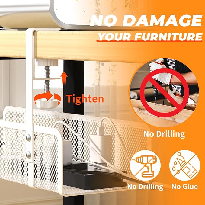 Under Desk Cable Management Tray, Wire Management Desk Cable Organizer Cable Management Box, Cord Organizer Under Desk Storage Cable Raceways for Office, Home - No Damage to Desk No Drill