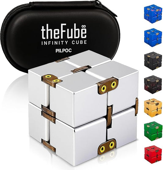 PILPOC theFube Infinity Cube Fidget Desk Toy - Aluminum Infinite Magic Cube with Case, Sturdy, Heavy, Relieve Stress and Anxiety, for ADD, ADHD, OCD (Silver)