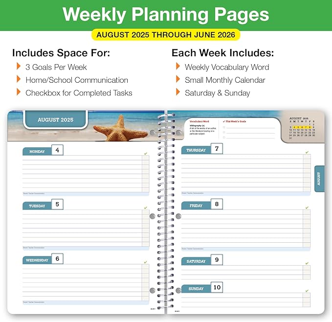 Global Datebooks Dated Middle School or High School Student Planner for Academic Year 2025-2026 Includes Ruler/Bookmark and Planning Stickers (Block Style - 8.5"x11" - Blue Colors)