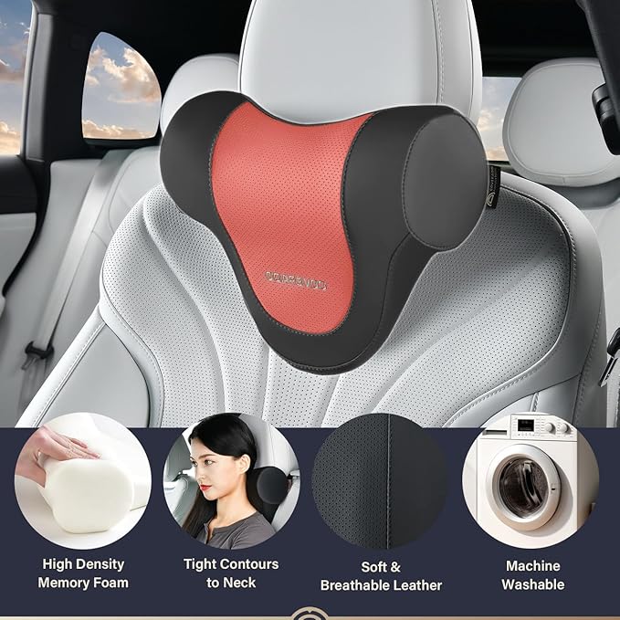 Coverado Car Headrest Pillow, Ergonomic Memory Foam Car Neck Pillow for Driving Seat with Adjustable Strap, Soft PU Leather Breathable Removable Cover Neck Support for Neck Pain Relief, BlackRed