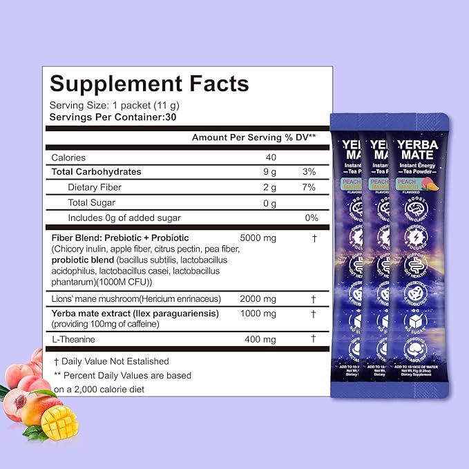 Mosslly Yerba Mate Instant Tea Powder, Concentration, Gut Health, Metabolism, Loaded with Prebiotics & Probiotics, Natural Caffeine, No Sugar Peach Mango Flavor, 30 Servings