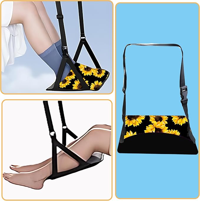 Airplane Footrest Adjustable Feet Rest for Plane Easy to Use Foot Hammock Airplane Travel Essentials Portable Light Leg Hammock for Plane Travel Accessories for Adult (Sunflower, 4 Pack)
