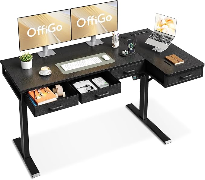 OffiGo 63 Inch L Shaped Electric Standing Desk with Drawers, Height Adjustable Large Desk with Power Outlets, Sit Stand Table, Writing Computer Desk for Home, Office, Workstation, Black