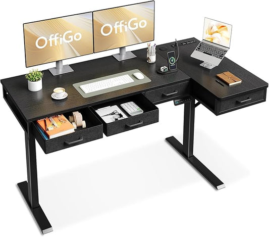 OffiGo 63 Inch L Shaped Electric Standing Desk with Drawers, Height Adjustable Large Desk with Power Outlets, Sit Stand Table, Writing Computer Desk for Home, Office, Workstation, Black