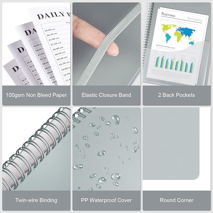 Planner Undated, Asten Daily Planner Agenda with to Do List, Hourly Schedules for Women and Men, Spiral Appointment Book with Elastic Closure, Inner Pocket 8.5" x 11" (Gray)