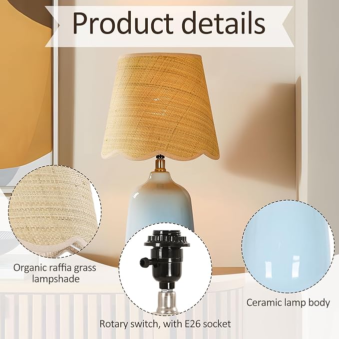 Pia Ricco 19" Modern Ceramic Table Lamp for Living Room Light Bule Base Desk Lamps for Bedroom Farmhouse Bedside Nightstand Lamp End Table Lamps,Bule,Rattan Shade
