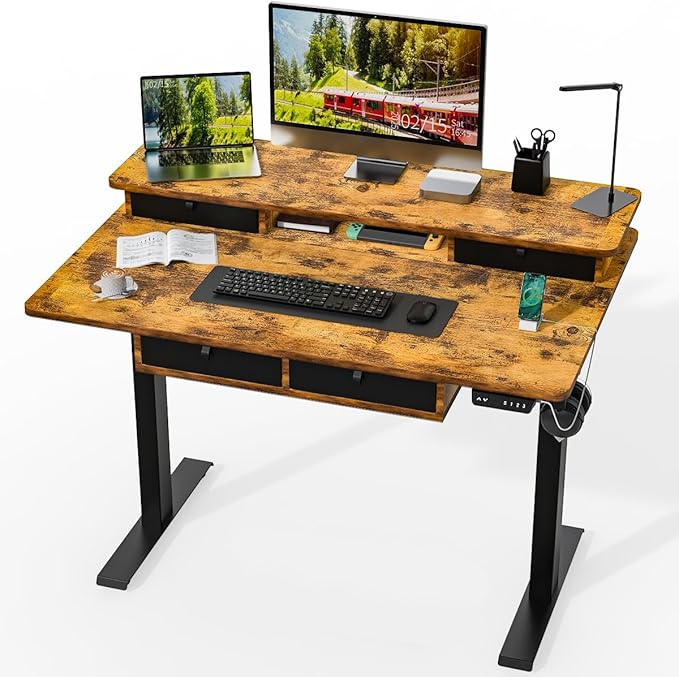 Standing Desk with Fast Charging USB Ports, 48" x 30" Height Adjustable Home Office & Gaming Desk, Sit Stand Desk with Built-in Storage Shelf, Hook & Ergonomic Design(Rustic Brown)