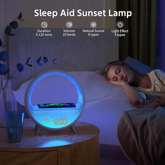 MOMILLA Smart Alarm Clock with Wireless Charging Station, Wake up Light w/Bluetooth Speaker, Compatible with Airpods/iPhone, APP Control White Noise Sound Machine, Sunrise Alarm Clocks for Bedrooms