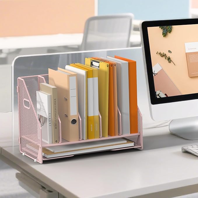 Desk File Folder Holder Organizer-5 Vertical Compartments Racks and Paper Letter Tray,Mesh Magazine File Holder Sorter,Desktop Accessories & Workspace Organizers for Home,Office,School-Pink