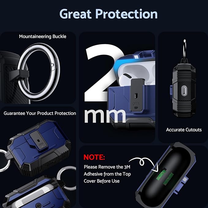 DASFOND Armor Earphone Cover Case for Airpods Pro 2, Military Grade Full Body Shockproof Protection Hard Case, Support Wireless Charging with Keychain, Magnetic Lid, Front LED Visible, Blue